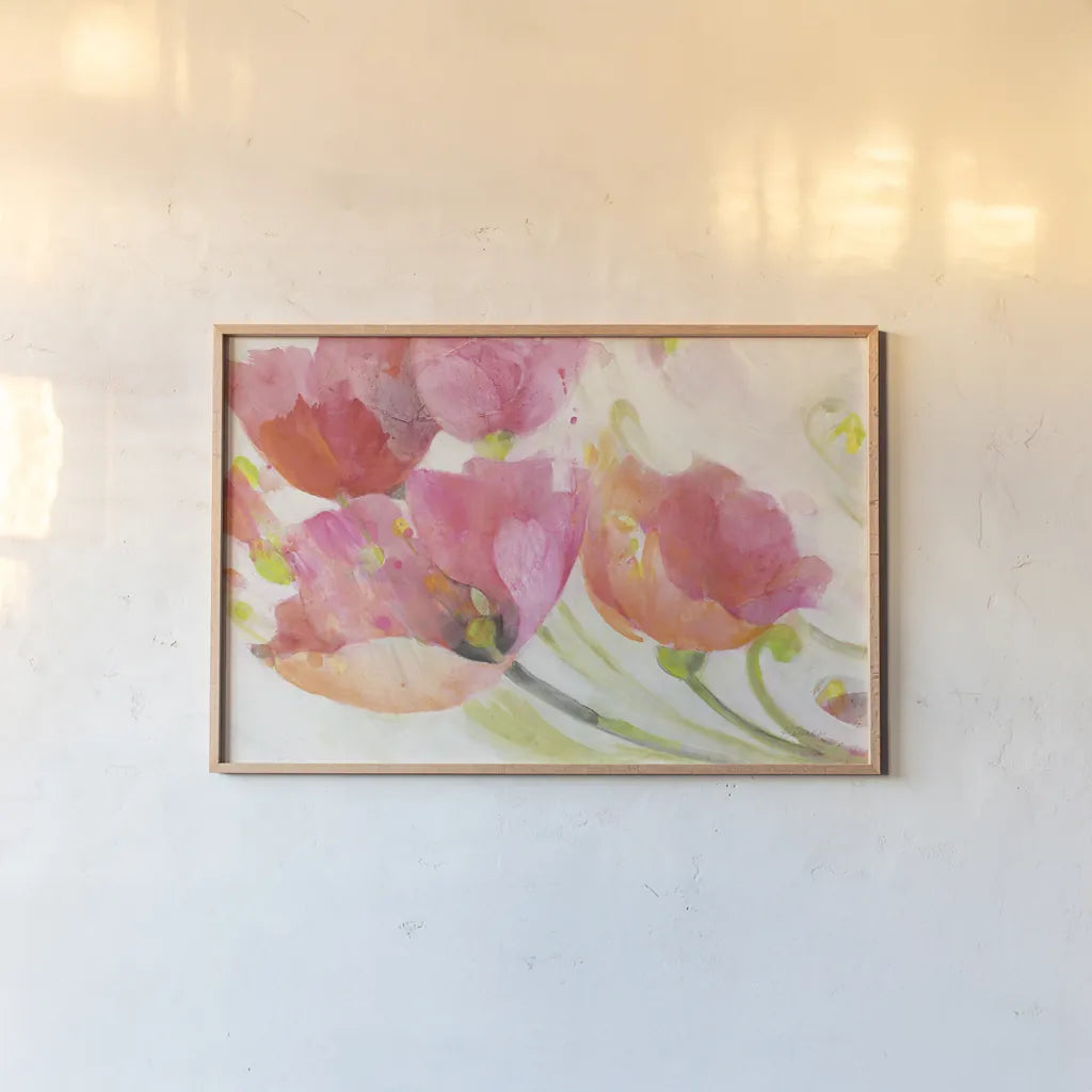 Poppies in the Breeze by Albena Hristova. shown as a paper print in a natural frame. Available as a archival giclee rolled canvas, fine art paper, or poster print. SKU 58783i.