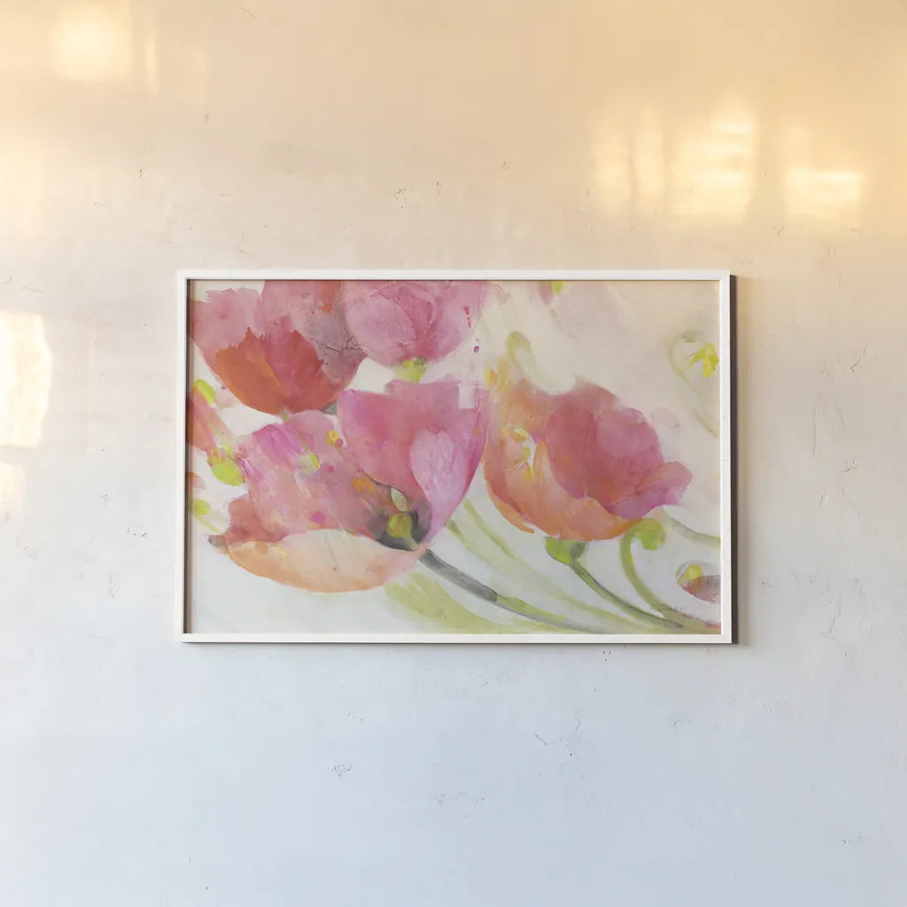 Poppies in the Breeze by Albena Hristova. shown as a paper print in a white frame. Available as a archival giclee rolled canvas, fine art paper, or poster print. SKU 58783i.