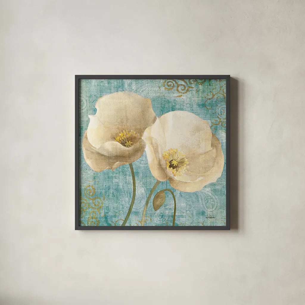 Poppies on Paisley by Albena Hristova. Shown in a sleek black glass frame for a contemporary gallery look. Available as an archival giclee rolled canvas, fine art paper, or poster print. SKU 11418a.