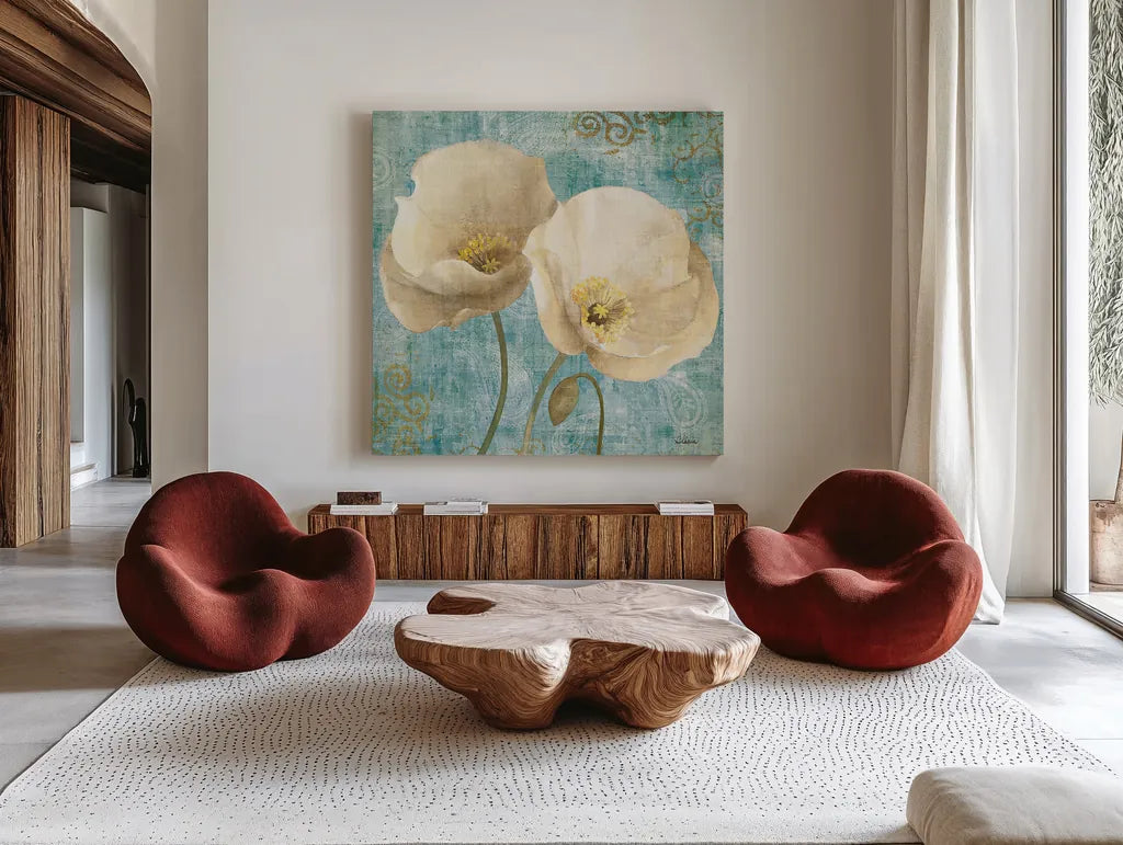 Poppies on Paisley by Albena Hristova. Shown as extra-large giant wall art in a modern living room. Available as an archival giclee rolled canvas, fine art paper, or poster print. SKU 11418a.