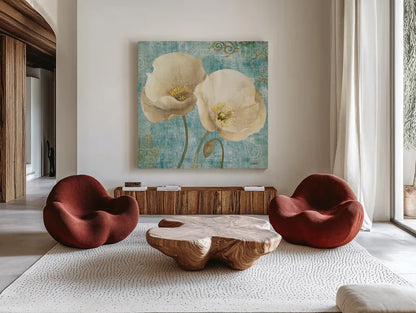 Poppies on Paisley by Albena Hristova. Shown as extra-large giant wall art in a modern living room. Available as an archival giclee rolled canvas, fine art paper, or poster print. SKU 11418a.