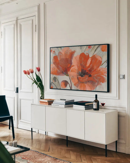 Popping by Albena Hristova. shown as a framed stretched canvas in a living room above a console. Available as a archival giclee rolled canvas, fine art paper, or poster print. SKU 34625i.