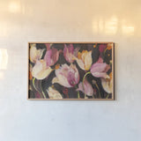 Popping Tulips by Albena Hristova. shown as a paper print in a natural frame. Available as a archival giclee rolled canvas, fine art paper, or poster print. SKU 32472i.