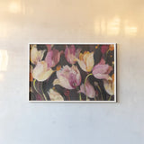 Popping Tulips by Albena Hristova. shown as a paper print in a white frame. Available as a archival giclee rolled canvas, fine art paper, or poster print. SKU 32472i.