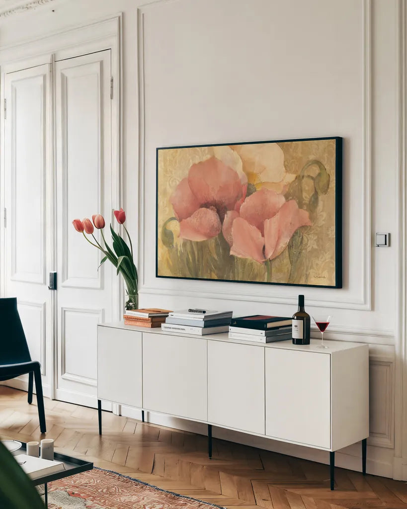 Poppy Delight by Albena Hristova. shown as a framed stretched canvas in a living room above a console. Available as a archival giclee rolled canvas, fine art paper, or poster print. SKU 6376i.