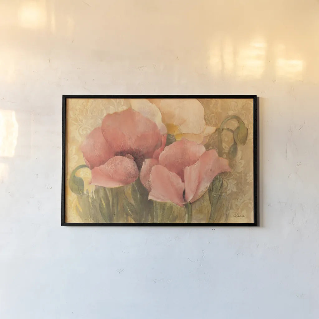 Poppy Delight by Albena Hristova. shown as a paper print in a black flame. Available as a archival giclee rolled canvas, fine art paper, or poster print. SKU 6376i.