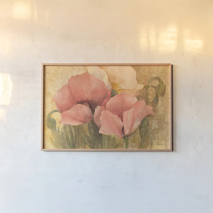 Poppy Delight by Albena Hristova. shown as a paper print in a natural frame. Available as a archival giclee rolled canvas, fine art paper, or poster print. SKU 6376i.