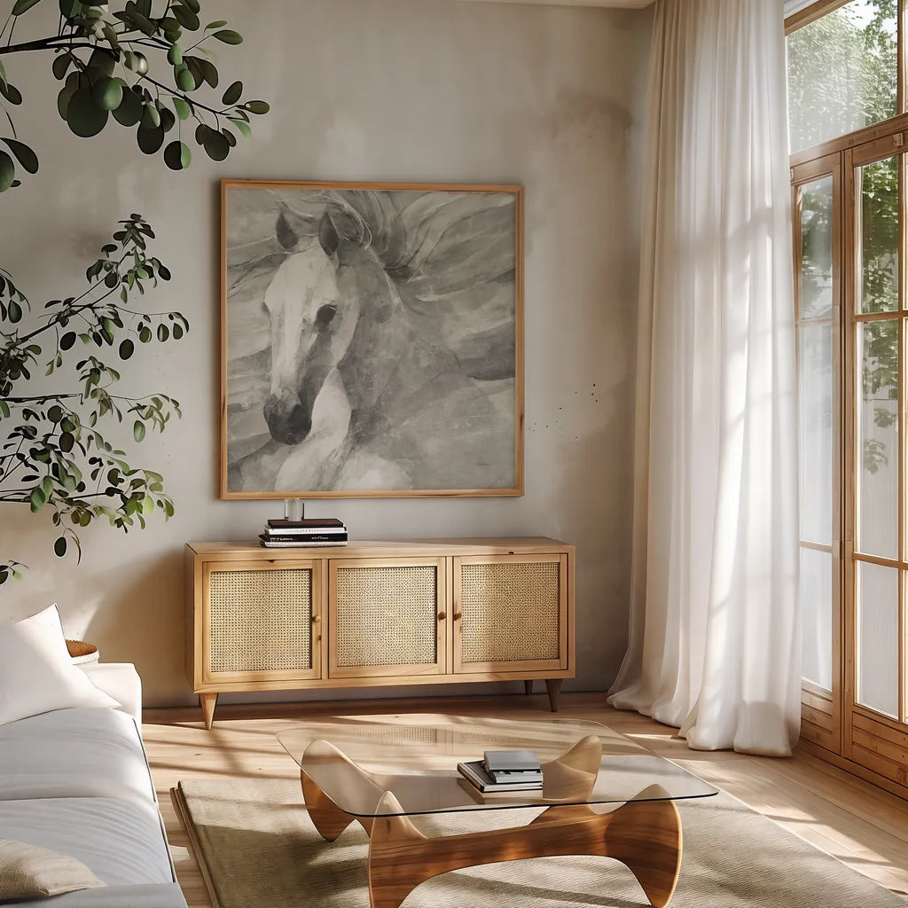 Poseidon Neutral Crop by Albena Hristova. Shown in a natural wood frame in a cozy modern living room. Available as an archival giclee rolled canvas, fine art paper, or poster print. SKU 35840a.