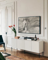 Poseidon Neutral Crop by Albena Hristova. shown as a framed stretched canvas in a living room above a console. Available as a archival giclee rolled canvas, fine art paper, or poster print. SKU 35840i.