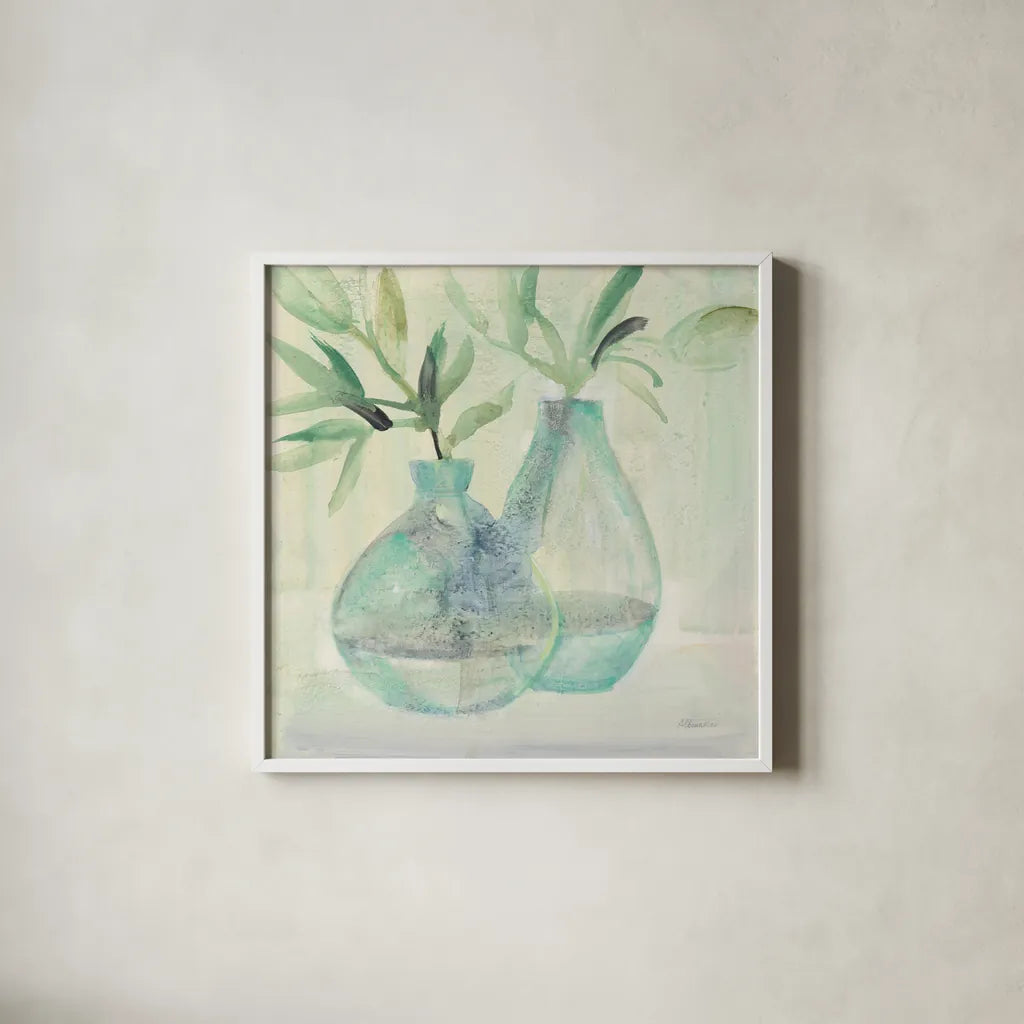 Pretty Jars by Albena Hristova. Shown in a crisp white glass frame for a clean and minimalist style. Available as an archival giclee rolled canvas, fine art paper, or poster print. SKU 53321a.