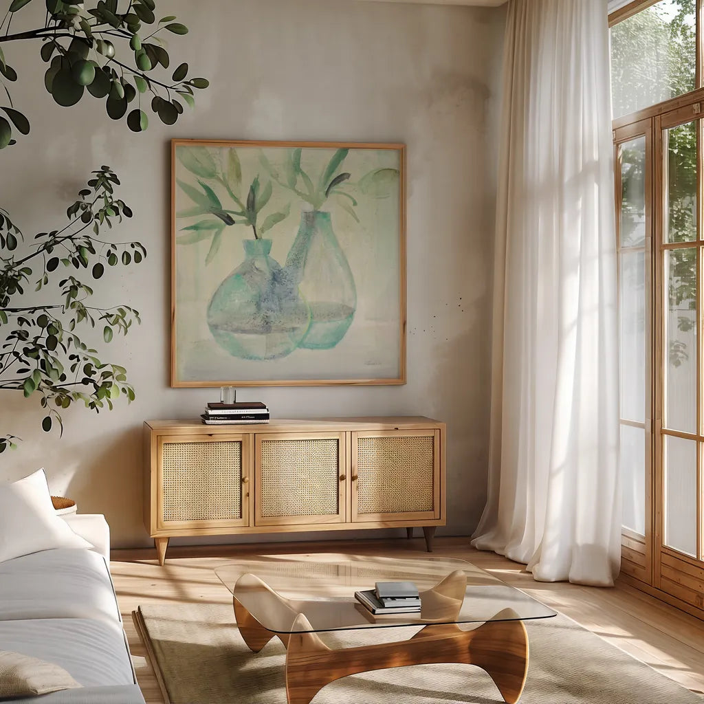 Pretty Jars by Albena Hristova. Shown in a natural wood frame in a cozy modern living room. Available as an archival giclee rolled canvas, fine art paper, or poster print. SKU 53321a.