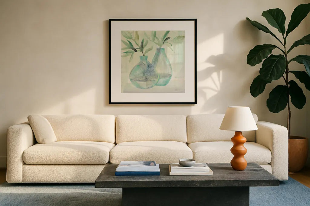 Pretty Jars by Albena Hristova. Displayed in a glass frame with matte in a clean modern living room. Available as an archival giclee rolled canvas, fine art paper, or poster print. SKU 53321a.