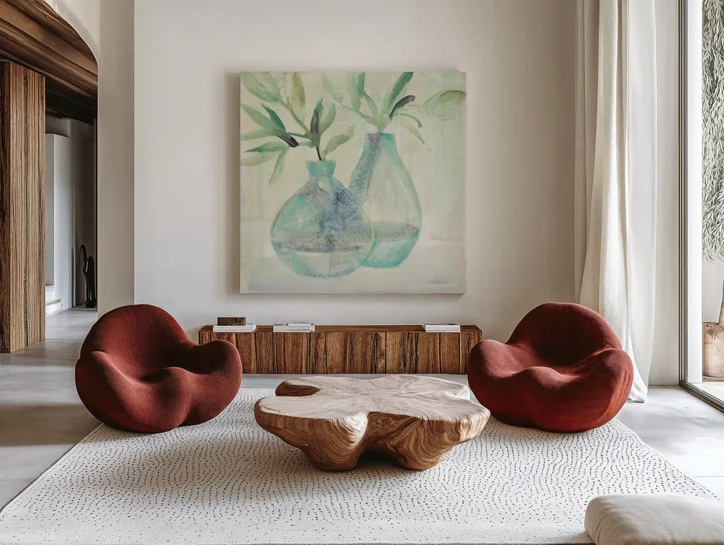 Pretty Jars by Albena Hristova. Shown as extra-large giant wall art in a modern living room. Available as an archival giclee rolled canvas, fine art paper, or poster print. SKU 53321a.