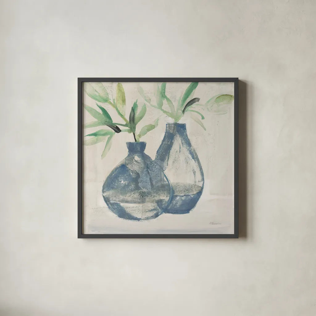 Pretty Jars Warm by Albena Hristova. Shown in a sleek black glass frame for a contemporary gallery look. Available as an archival giclee rolled canvas, fine art paper, or poster print. SKU 60299a.