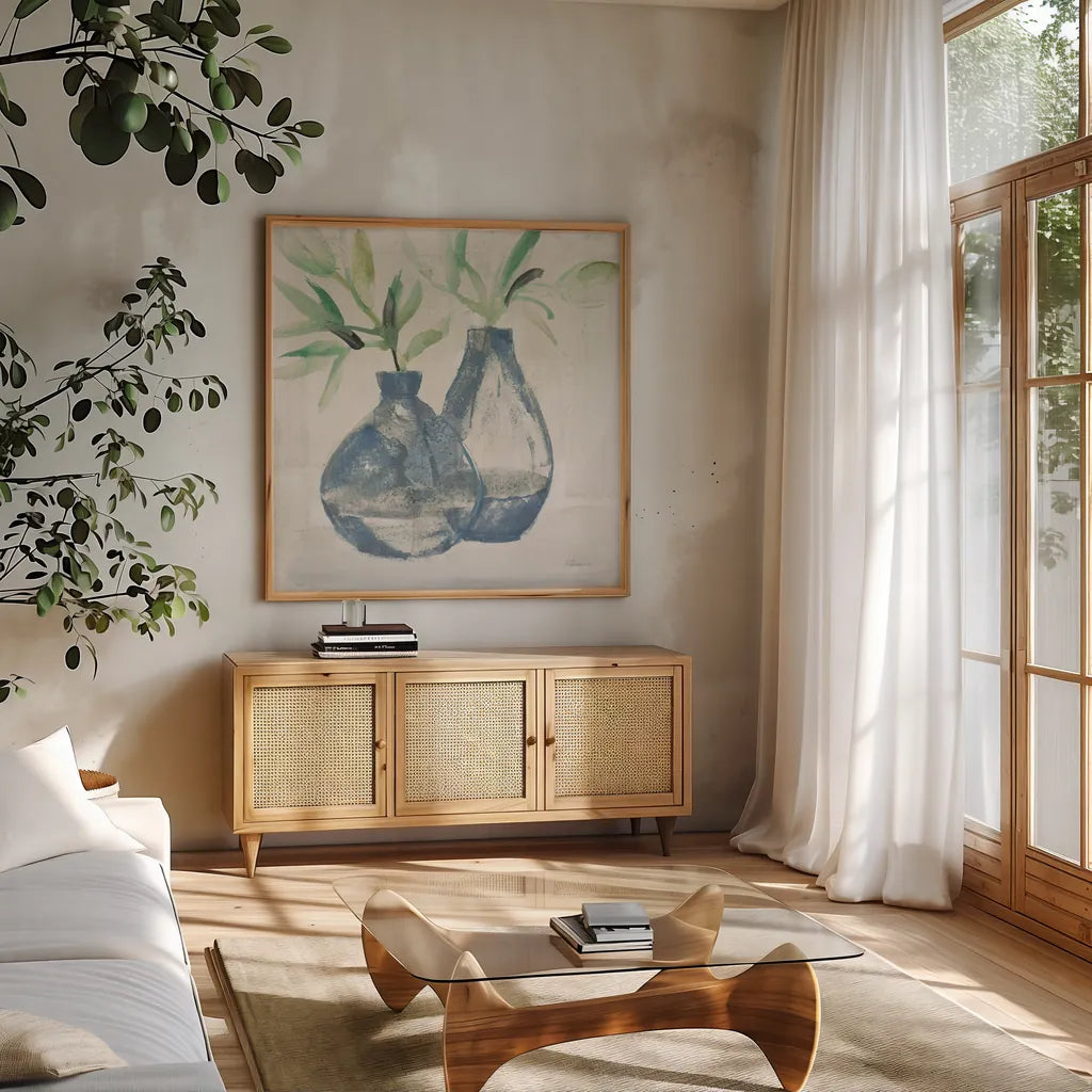 Pretty Jars Warm by Albena Hristova. Shown in a natural wood frame in a cozy modern living room. Available as an archival giclee rolled canvas, fine art paper, or poster print. SKU 60299a.
