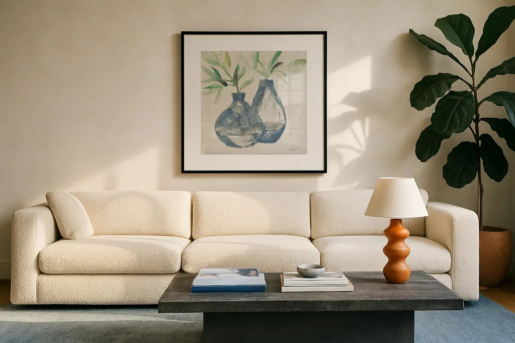 Pretty Jars Warm by Albena Hristova. Displayed in a glass frame with matte in a clean modern living room. Available as an archival giclee rolled canvas, fine art paper, or poster print. SKU 60299a.
