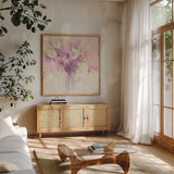 Pretty in Spring by Albena Hristova. Shown in a natural wood frame in a cozy modern living room. Available as an archival giclee rolled canvas, fine art paper, or poster print. SKU 46427a.