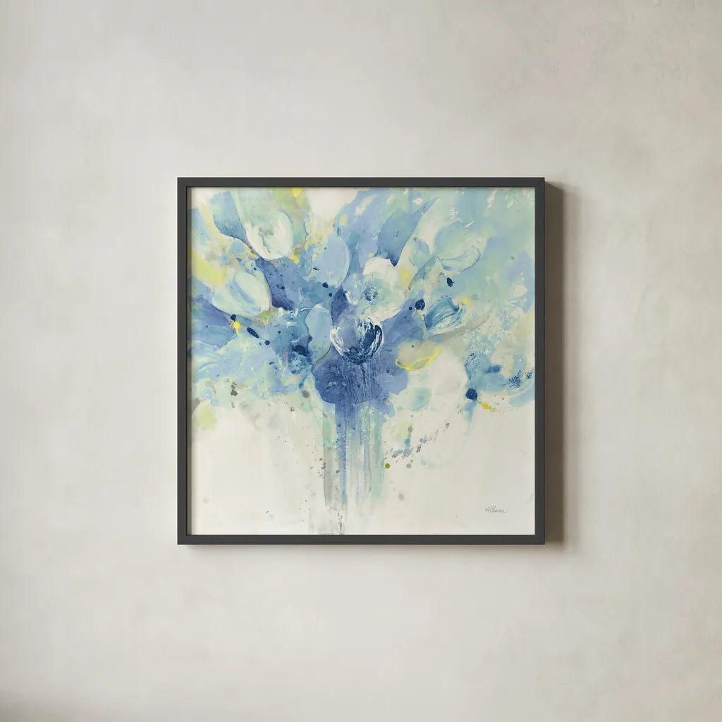 Pretty in Spring Blue by Albena Hristova. Shown in a sleek black glass frame for a contemporary gallery look. Available as an archival giclee rolled canvas, fine art paper, or poster print. SKU 54518a.