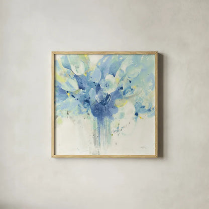 Pretty in Spring Blue by Albena Hristova. Shown in a natural wood glass frame for a timeless modern aesthetic. Available as an archival giclee rolled canvas, fine art paper, or poster print. SKU 54518a.