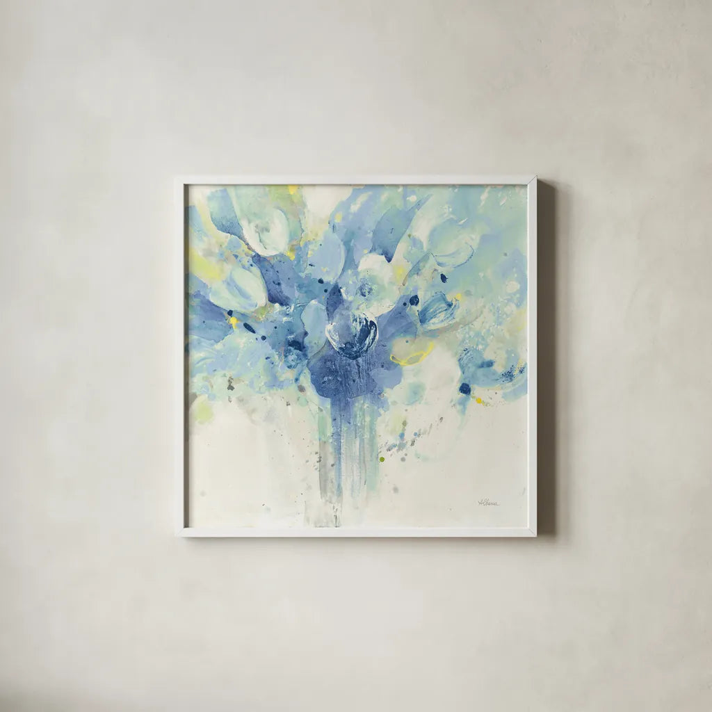 Pretty in Spring Blue by Albena Hristova. Shown in a crisp white glass frame for a clean and minimalist style. Available as an archival giclee rolled canvas, fine art paper, or poster print. SKU 54518a.
