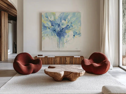 Pretty in Spring Blue by Albena Hristova. Shown as extra-large giant wall art in a modern living room. Available as an archival giclee rolled canvas, fine art paper, or poster print. SKU 54518a.