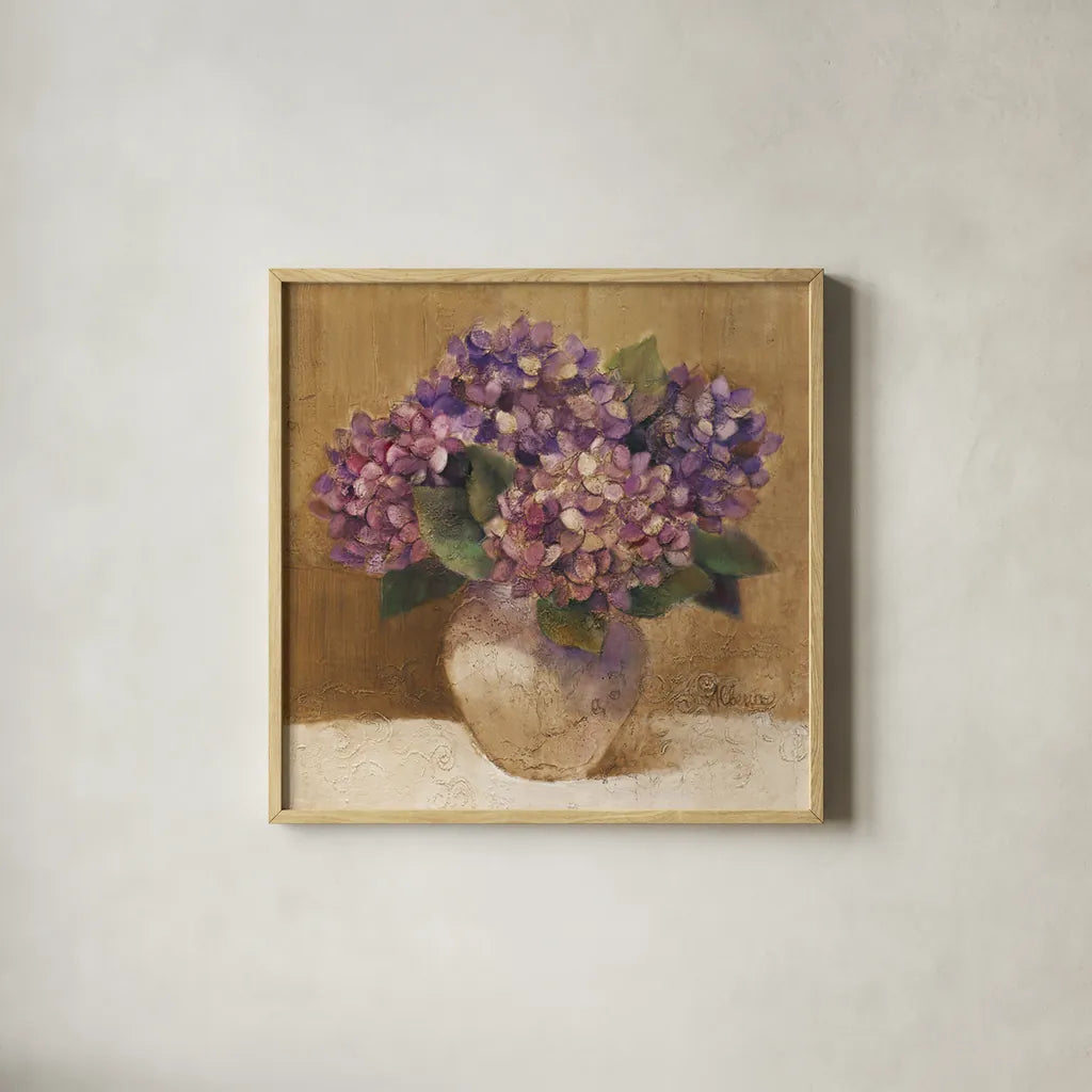 Purple Bouquet I by Albena Hristova. Shown in a natural wood glass frame for a timeless modern aesthetic. Available as an archival giclee rolled canvas, fine art paper, or poster print. SKU 4896a.
