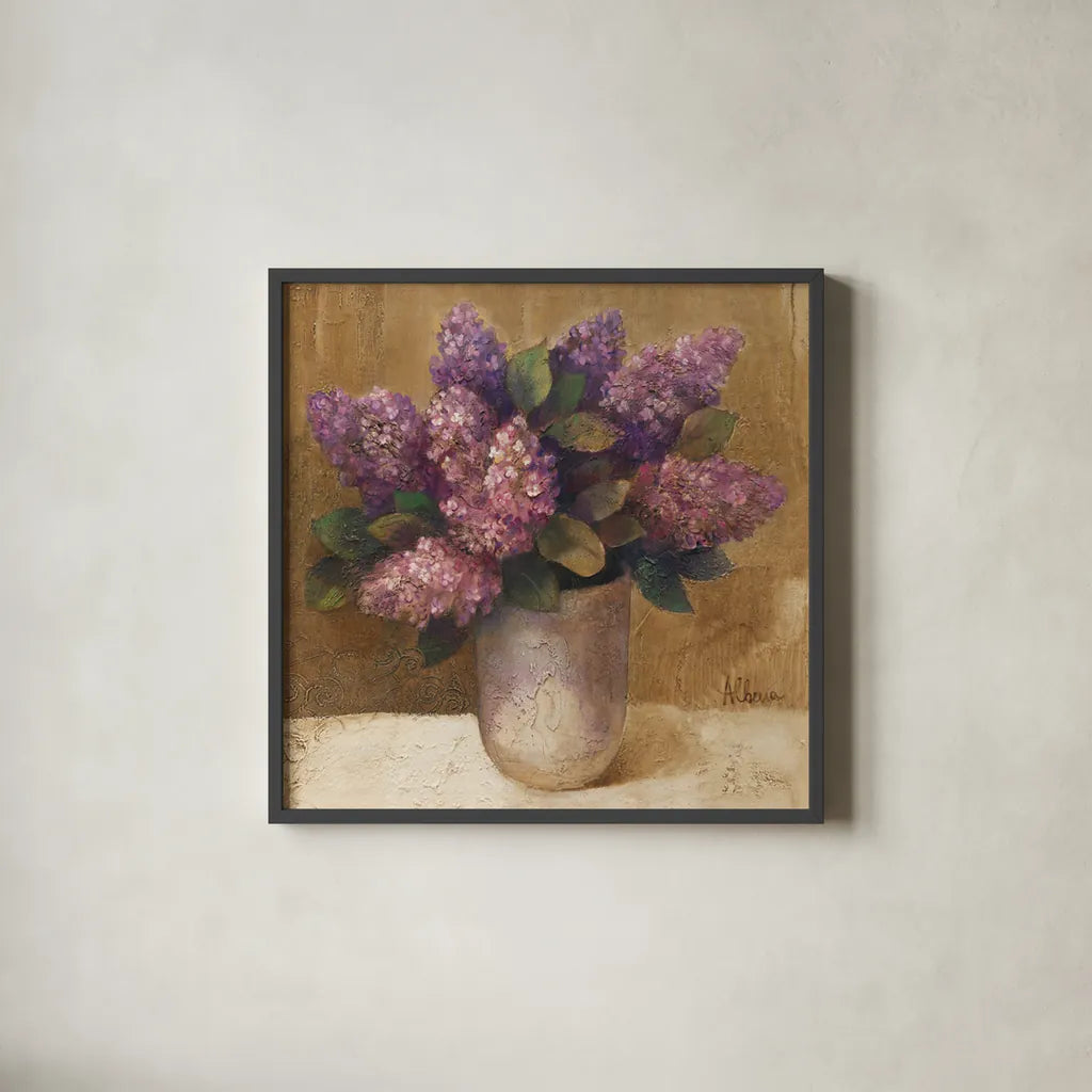 Purple Bouquet II by Albena Hristova. Shown in a sleek black glass frame for a contemporary gallery look. Available as an archival giclee rolled canvas, fine art paper, or poster print. SKU 4897a.