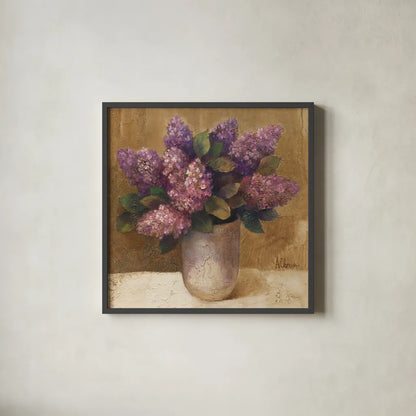 Purple Bouquet II by Albena Hristova. Shown in a sleek black glass frame for a contemporary gallery look. Available as an archival giclee rolled canvas, fine art paper, or poster print. SKU 4897a.