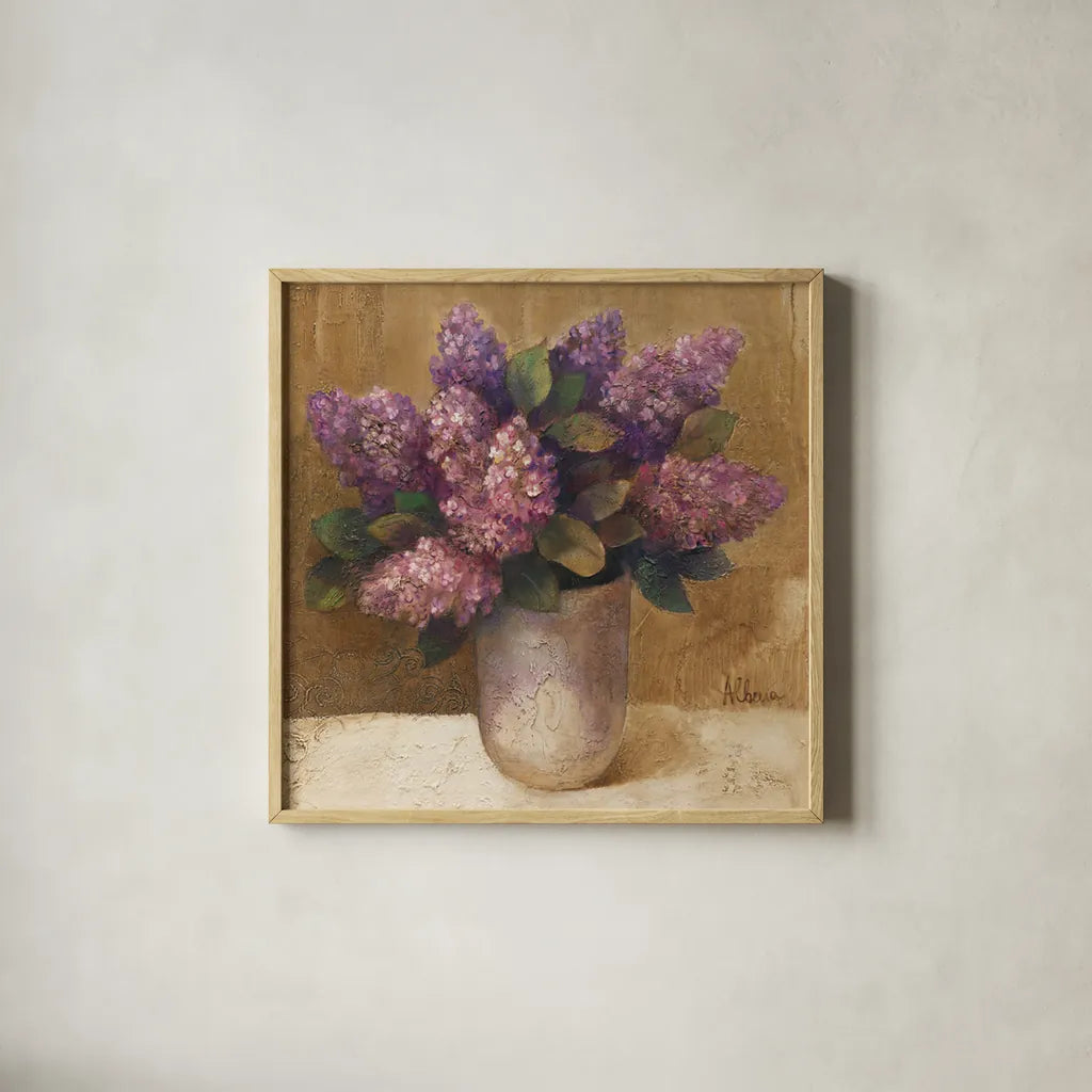 Purple Bouquet II by Albena Hristova. Shown in a natural wood glass frame for a timeless modern aesthetic. Available as an archival giclee rolled canvas, fine art paper, or poster print. SKU 4897a.