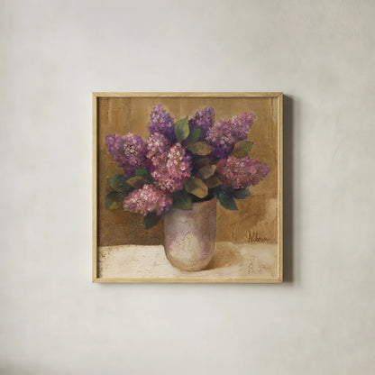 Purple Bouquet II by Albena Hristova. Shown in a natural wood glass frame for a timeless modern aesthetic. Available as an archival giclee rolled canvas, fine art paper, or poster print. SKU 4897a.