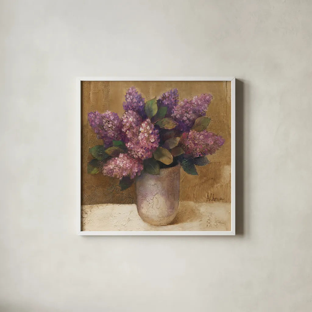 Purple Bouquet II by Albena Hristova. Shown in a crisp white glass frame for a clean and minimalist style. Available as an archival giclee rolled canvas, fine art paper, or poster print. SKU 4897a.