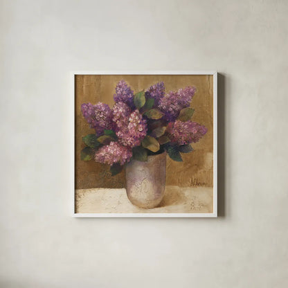 Purple Bouquet II by Albena Hristova. Shown in a crisp white glass frame for a clean and minimalist style. Available as an archival giclee rolled canvas, fine art paper, or poster print. SKU 4897a.