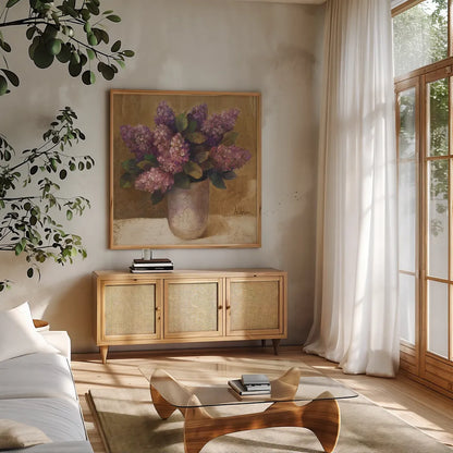 Purple Bouquet II by Albena Hristova. Shown in a natural wood frame in a cozy modern living room. Available as an archival giclee rolled canvas, fine art paper, or poster print. SKU 4897a.