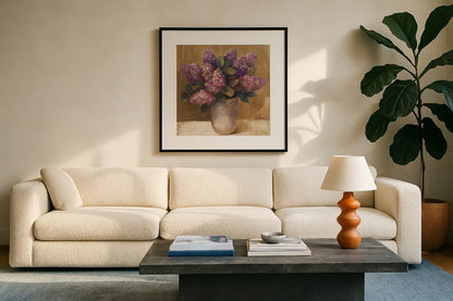 Purple Bouquet II by Albena Hristova. Displayed in a glass frame with matte in a clean modern living room. Available as an archival giclee rolled canvas, fine art paper, or poster print. SKU 4897a.