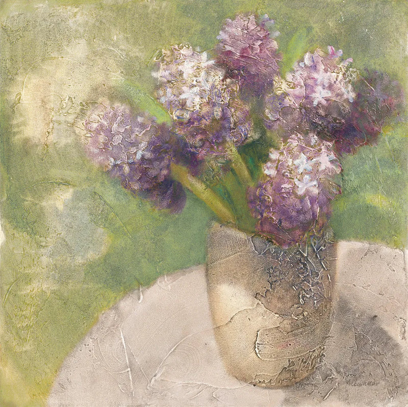Purple Hyacinths in Vase Green by Albena Hristova. SKU 71343a. Archival Giclee Fine art print for wall decor.