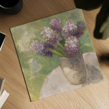 Purple Hyacinths in Vase Green by Albena Hristova. Shown as a detailed flat fine art print, highlighting archival giclee quality. Available as an archival giclee rolled canvas, fine art paper, or poster print. SKU 71343a.