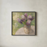 Purple Hyacinths in Vase Green by Albena Hristova. Shown in a sleek black glass frame for a contemporary gallery look. Available as an archival giclee rolled canvas, fine art paper, or poster print. SKU 71343a.