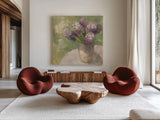 Purple Hyacinths in Vase Green by Albena Hristova. Shown as extra-large giant wall art in a modern living room. Available as an archival giclee rolled canvas, fine art paper, or poster print. SKU 71343a.