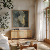 Quiet by Albena Hristova. Shown in a natural wood frame in a cozy modern living room. Available as an archival giclee rolled canvas, fine art paper, or poster print. SKU 44170a.