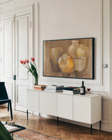 Raku by Albena Hristova. shown as a framed stretched canvas in a living room above a console. Available as a archival giclee rolled canvas, fine art paper, or poster print. SKU 44113i.
