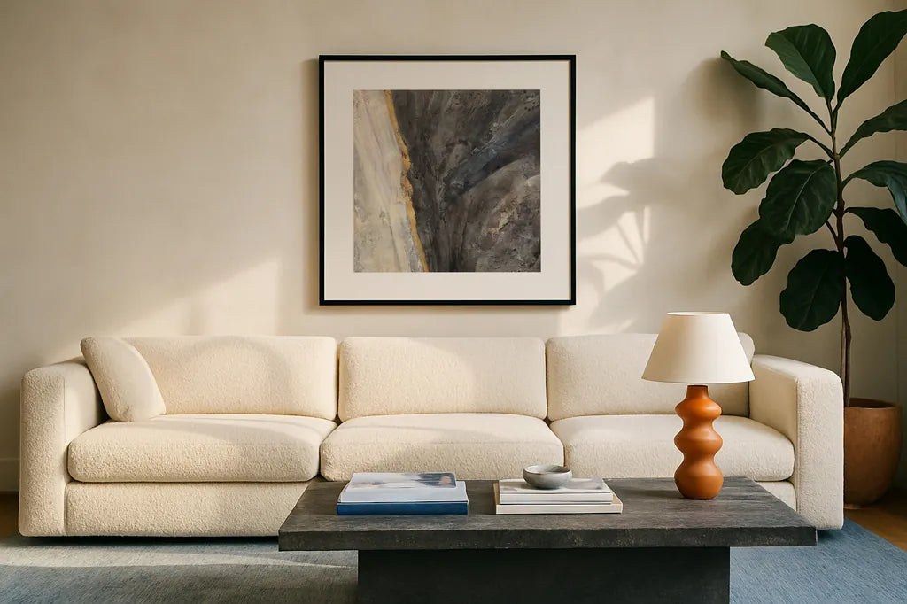 Ravine by Albena Hristova. Displayed in a glass frame with matte in a clean modern living room. Available as an archival giclee rolled canvas, fine art paper, or poster print. SKU 63825a.