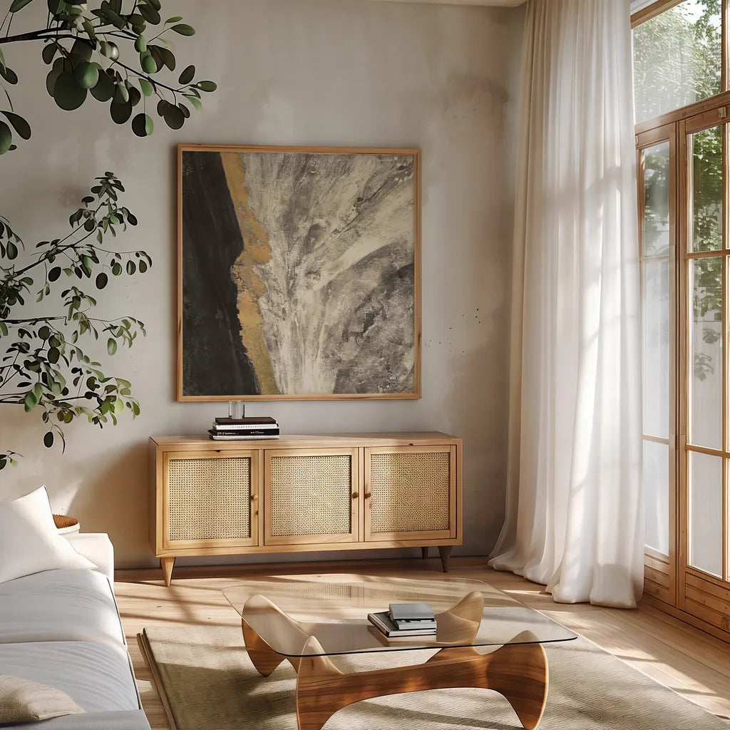 Ravine Dark by Albena Hristova. Shown in a natural wood frame in a cozy modern living room. Available as an archival giclee rolled canvas, fine art paper, or poster print. SKU 67602a.