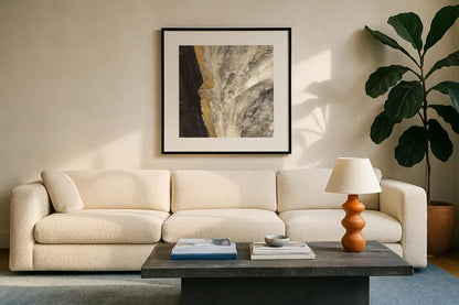 Ravine Dark by Albena Hristova. Displayed in a glass frame with matte in a clean modern living room. Available as an archival giclee rolled canvas, fine art paper, or poster print. SKU 67602a.