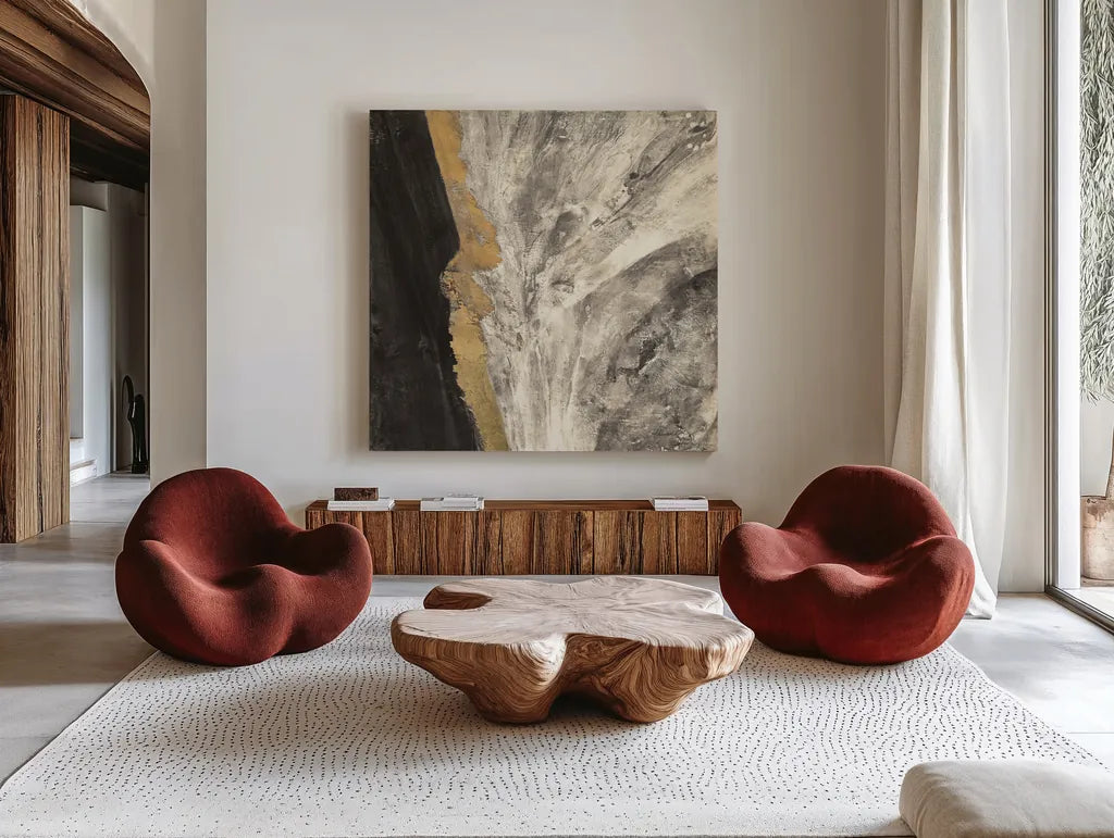 Ravine Dark by Albena Hristova. Shown as extra-large giant wall art in a modern living room. Available as an archival giclee rolled canvas, fine art paper, or poster print. SKU 67602a.