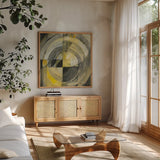 Reflected I by Albena Hristova. Shown in a natural wood frame in a cozy modern living room. Available as an archival giclee rolled canvas, fine art paper, or poster print. SKU 71832a.