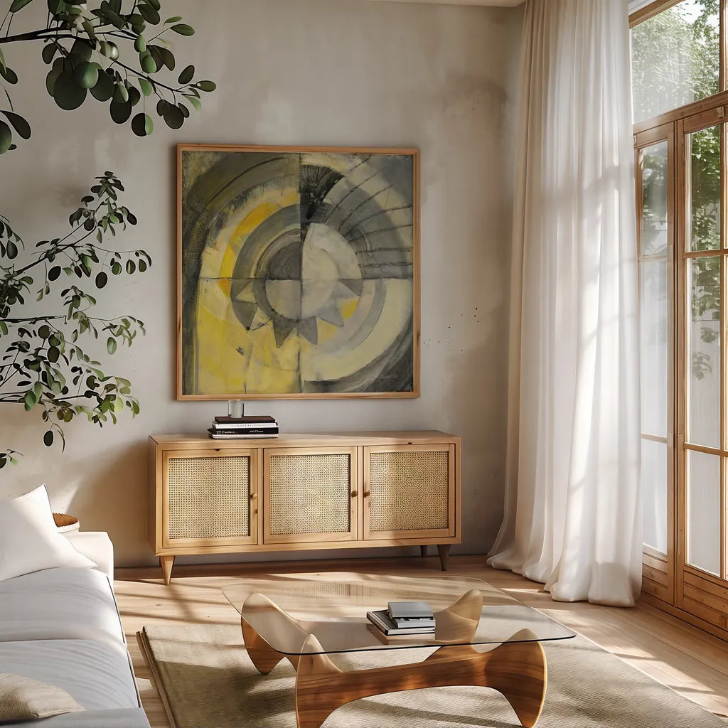 Reflected II by Albena Hristova. Shown in a natural wood frame in a cozy modern living room. Available as an archival giclee rolled canvas, fine art paper, or poster print. SKU 71833a.