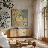 Ribbon Dance I Autumn by Albena Hristova. Shown in a natural wood frame in a cozy modern living room. Available as an archival giclee rolled canvas, fine art paper, or poster print. SKU 78333a.