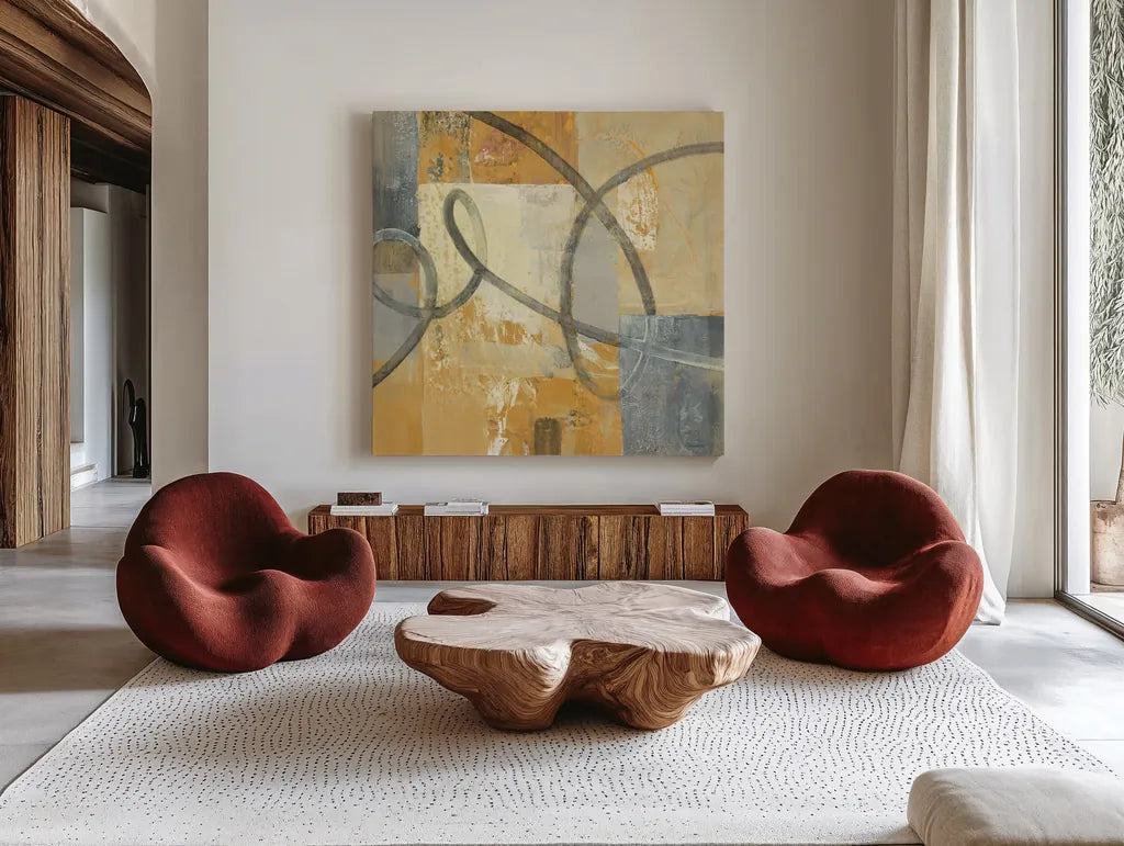 Ribbon Dance II Autumn by Albena Hristova. Shown as extra-large giant wall art in a modern living room. Available as an archival giclee rolled canvas, fine art paper, or poster print. SKU 78334a.