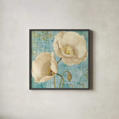 Rich Poppies on Paisley by Albena Hristova. Shown in a sleek black glass frame for a contemporary gallery look. Available as an archival giclee rolled canvas, fine art paper, or poster print. SKU 11419a.