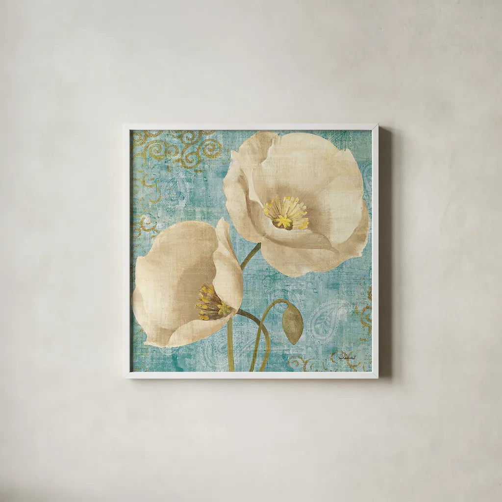 Rich Poppies on Paisley by Albena Hristova. Shown in a crisp white glass frame for a clean and minimalist style. Available as an archival giclee rolled canvas, fine art paper, or poster print. SKU 11419a.